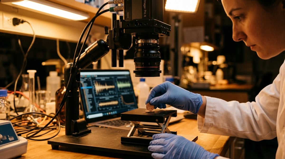 Chercheur filmant un lancer de pièce au ralenti en laboratoire
