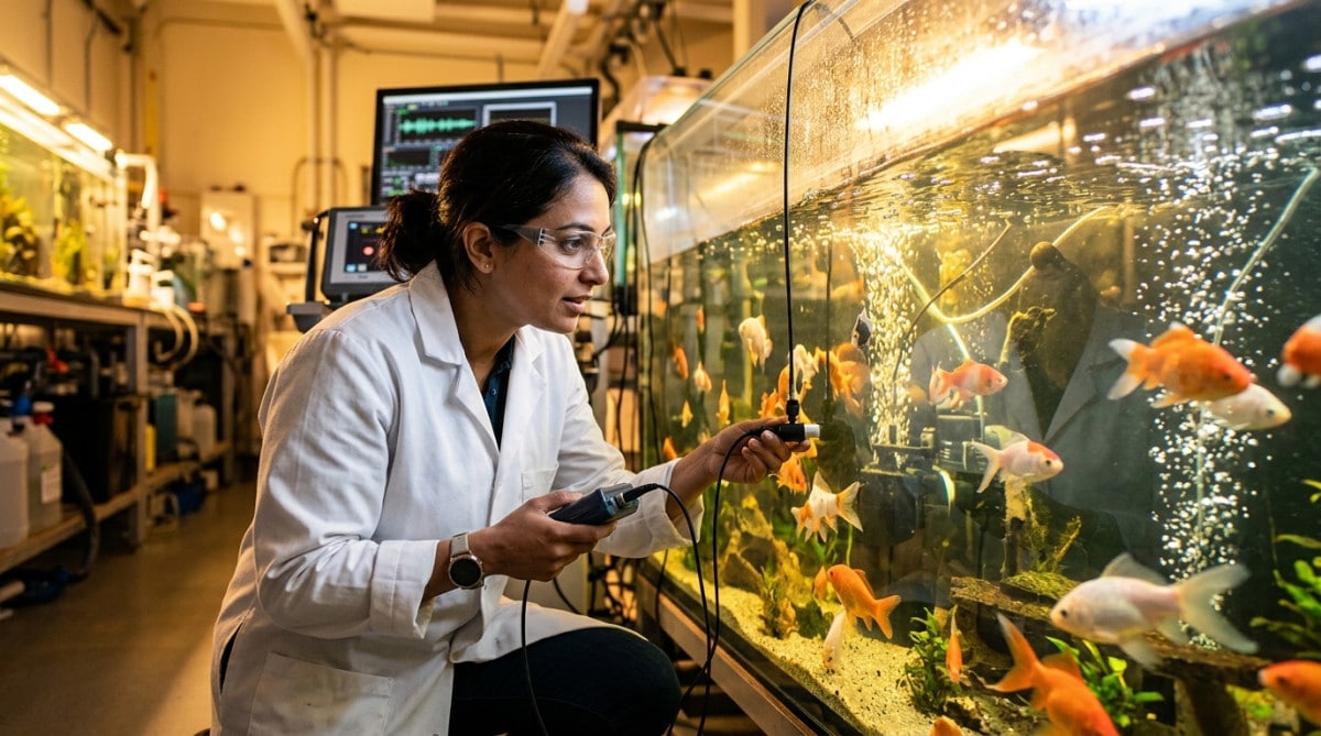 Chercheur menant une expérience sonore sur des poissons rouges