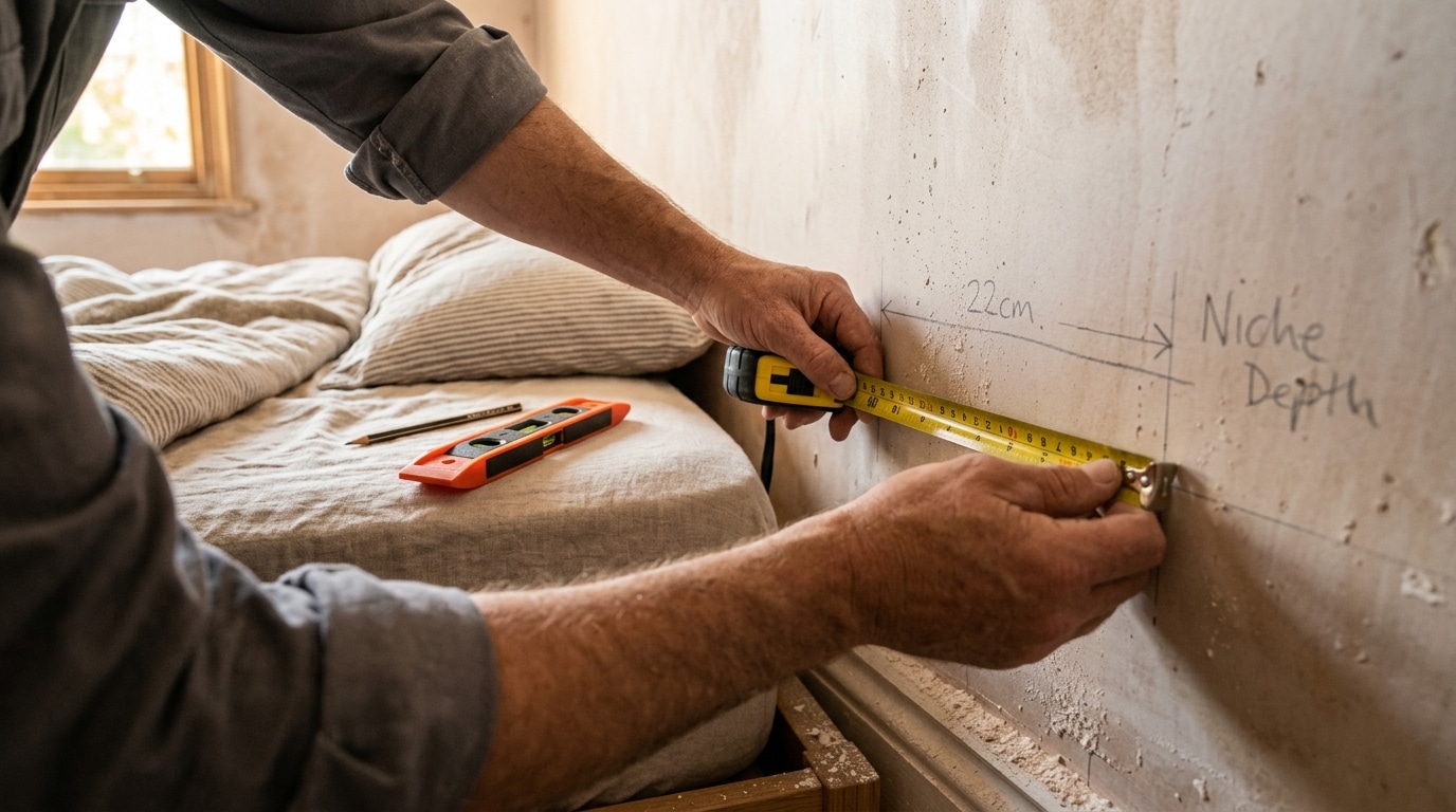 Mains mesurant une cloison avant travaux de niche
