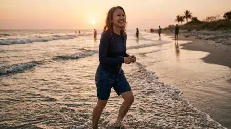 Femme aux cheveux fins sortant de la mer au coucher du soleil