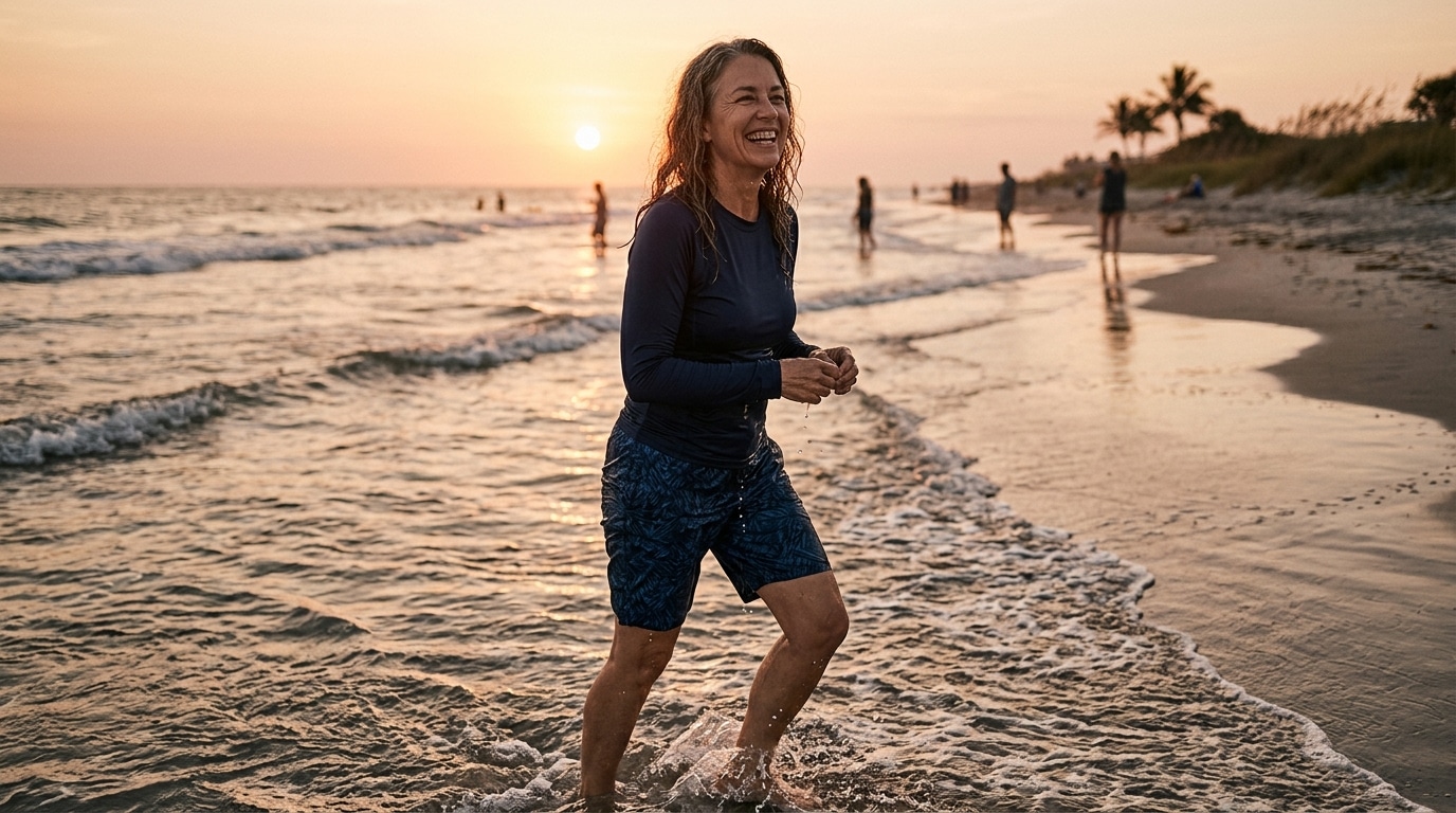Femme aux cheveux fins sortant de la mer au coucher du soleil
