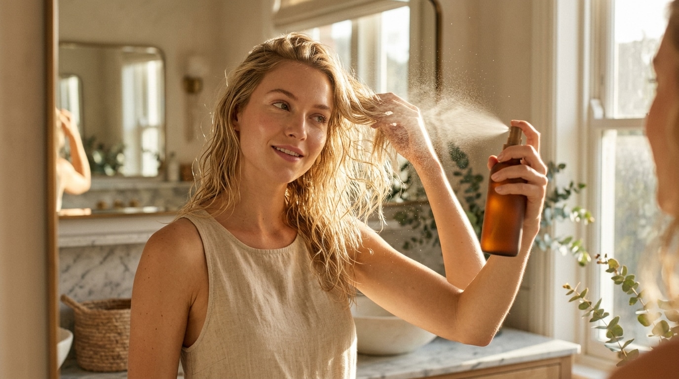 Femme applique un spray d'eau salée sur ses cheveux fins