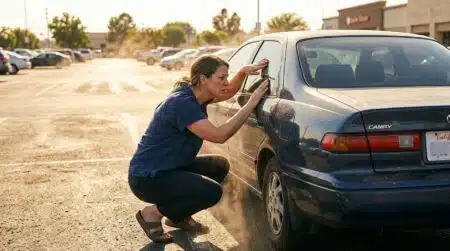 Femme inquiète regardant un chien enfermé dans une voiture