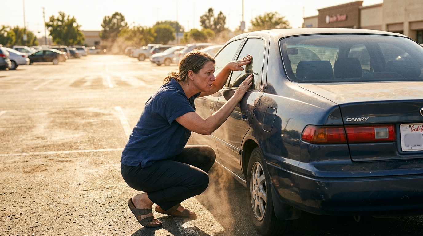 Femme inquiète regardant un chien enfermé dans une voiture