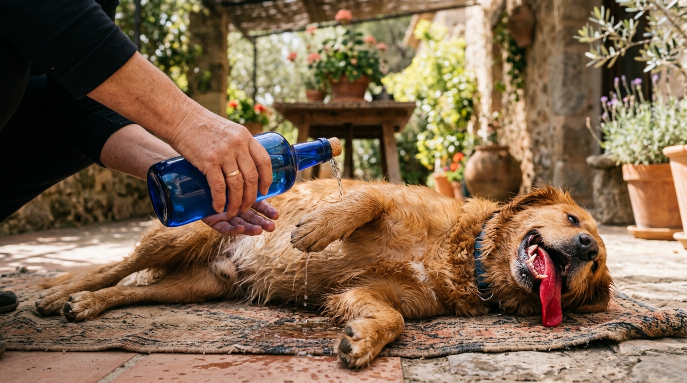 Personne rafraîchissant les pattes d'un chien avec de l'eau tempérée