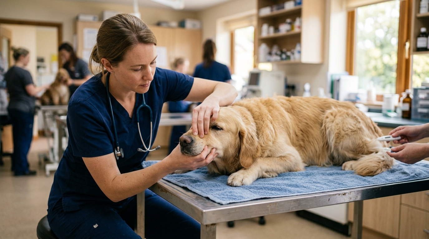 Vétérinaire examinant un chien victime d'un coup de chaleur