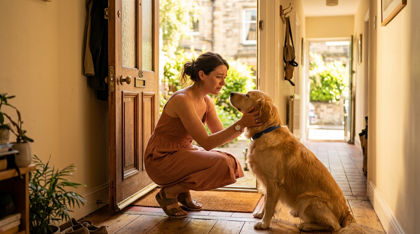 Femme caressant son chien avant de partir en canicule