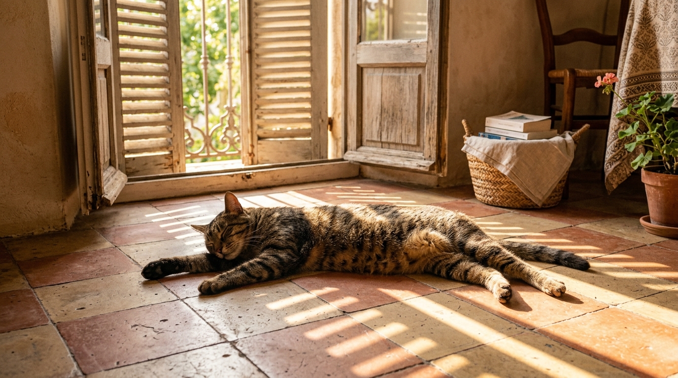 Chat étalé sur le carrelage frais en été