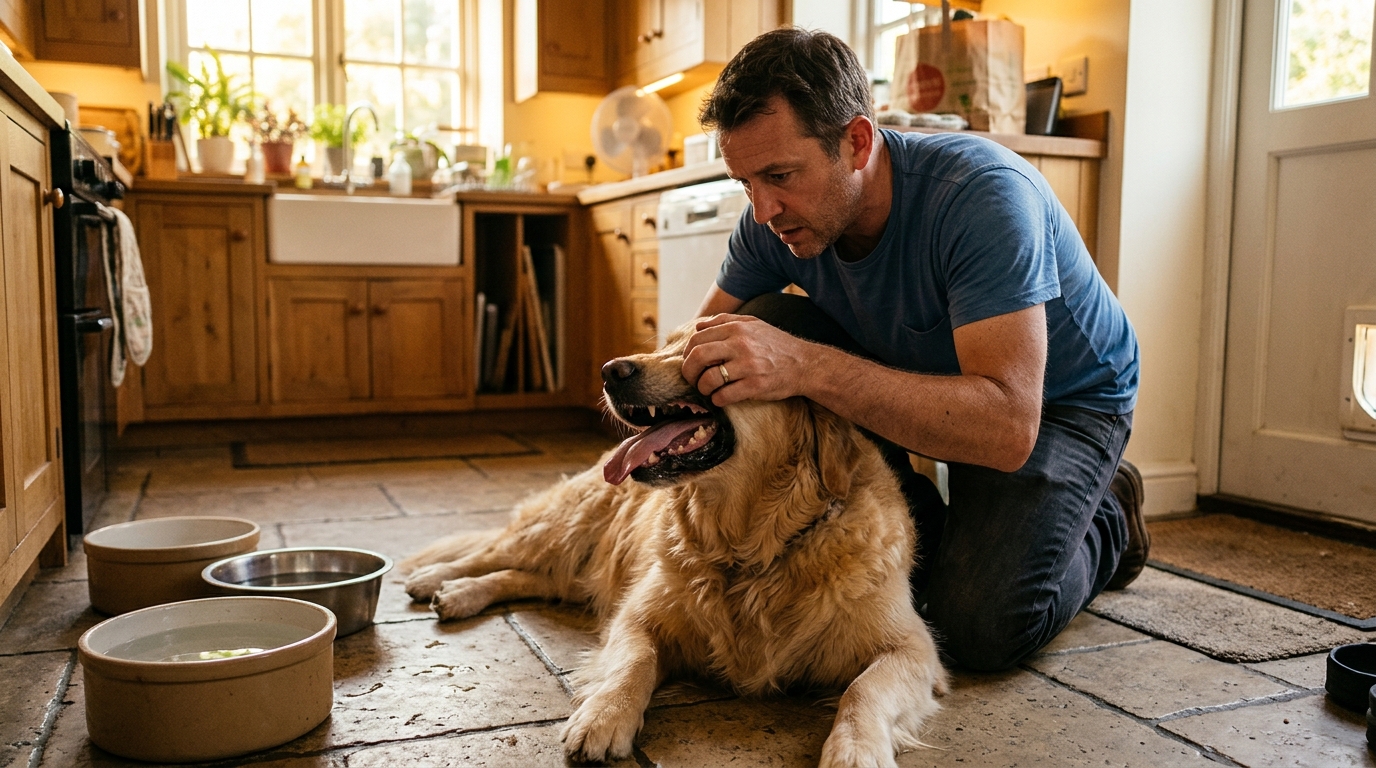 Homme vérifiant son chien haletant au retour
