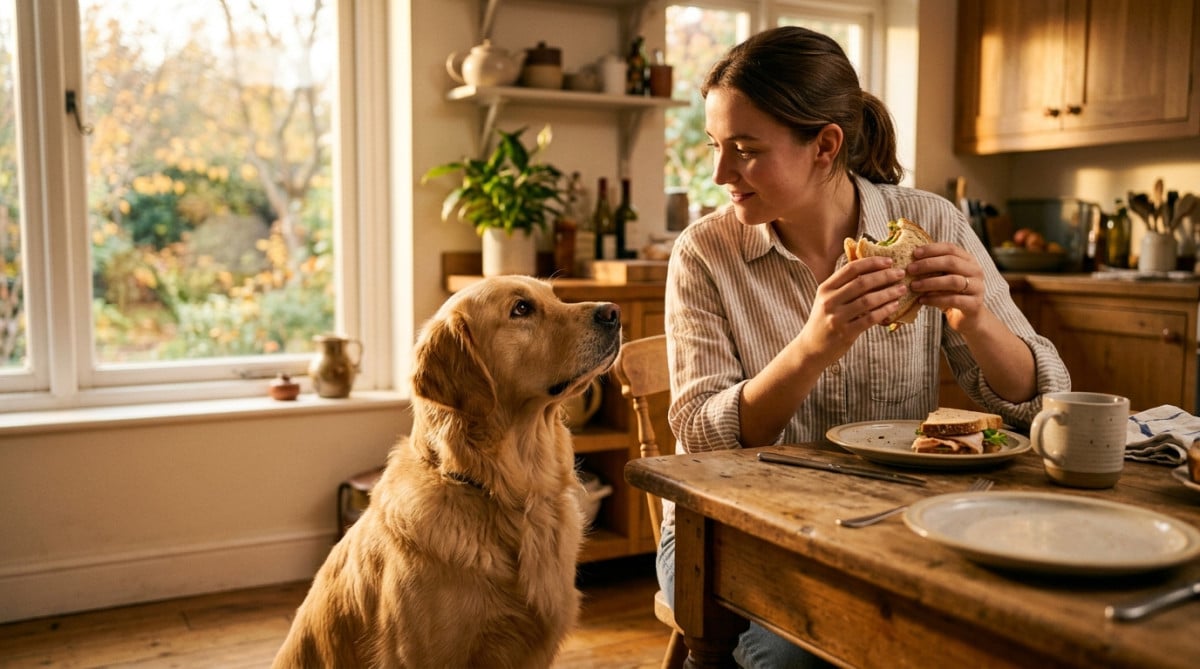 Chien fixant son propriétaire pendant le repas
