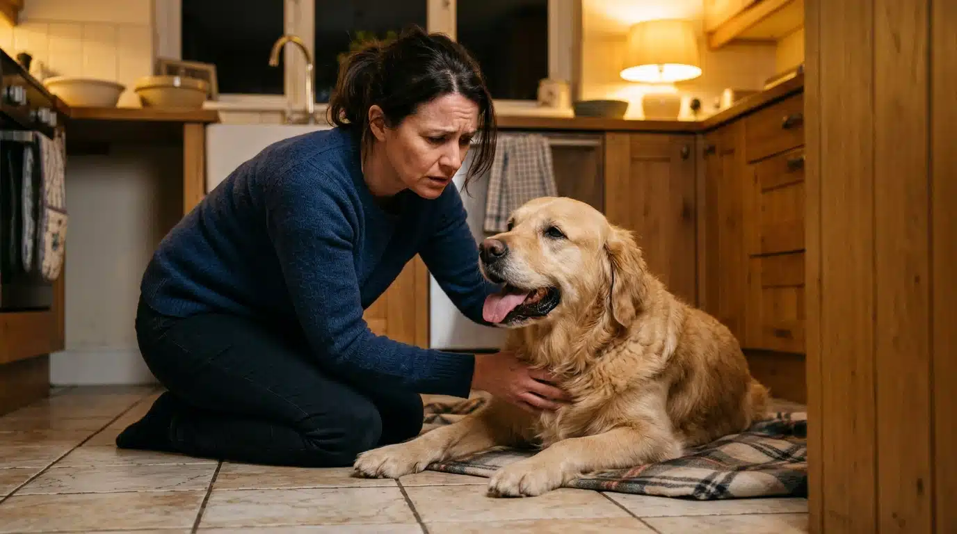 Femme inquiète observe son chien haleter le soir