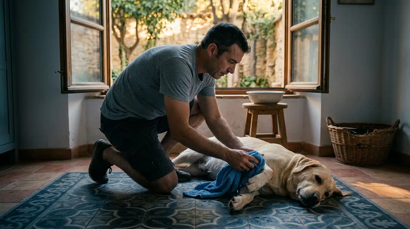 Homme rafraîchit les pattes de son chien à l'intérieur