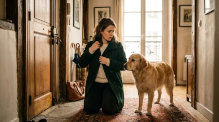 Femme met son manteau avant de laisser son chien seul