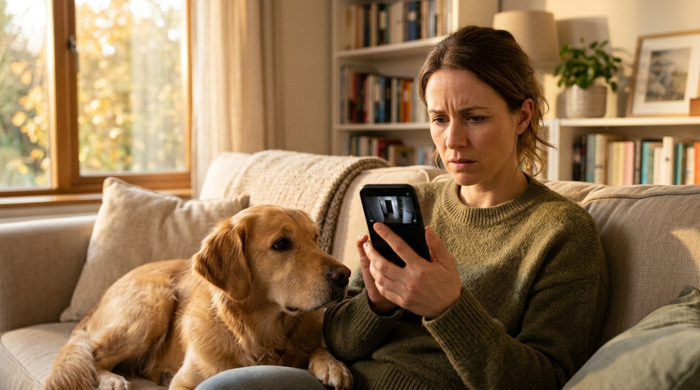 Propriétaire consulte une caméra de surveillance pour chien