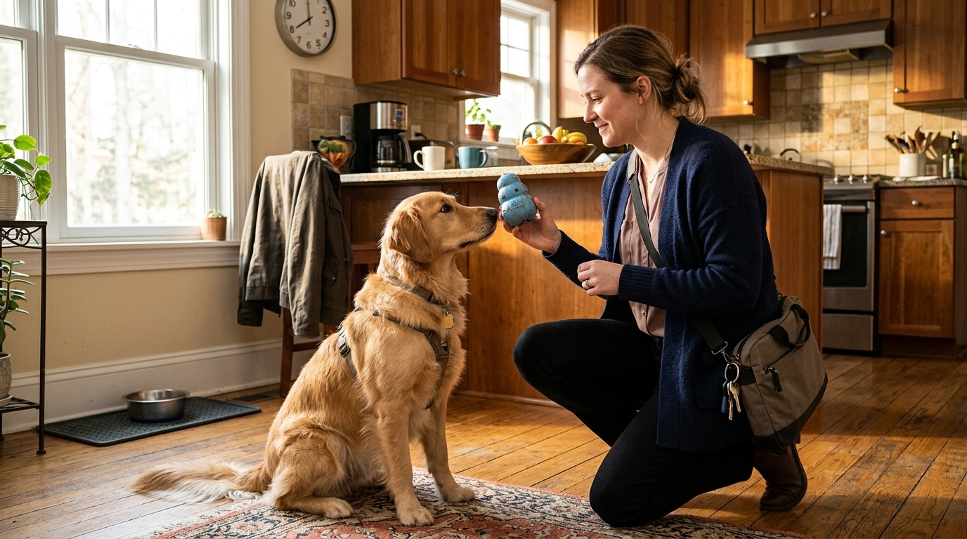Femme donne un jouet distributeur à son chien avant de partir