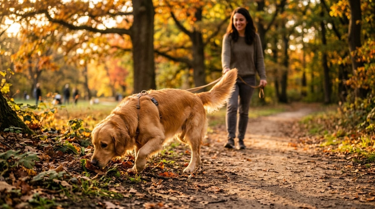 Chien reniflant un chemin de parc au coucher du soleil