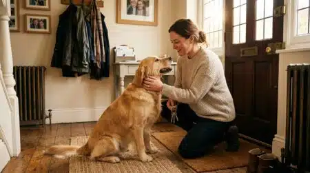 Femme dit au revoir à son chien avant de partir