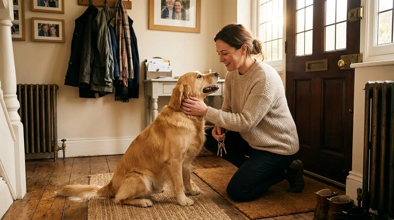 Femme dit au revoir à son chien avant de partir