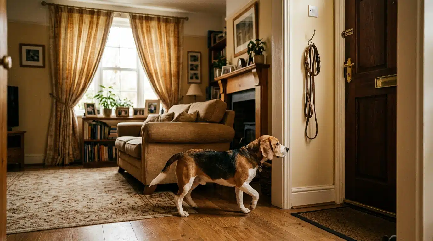Chien seul anxieux filmé par caméra à la maison