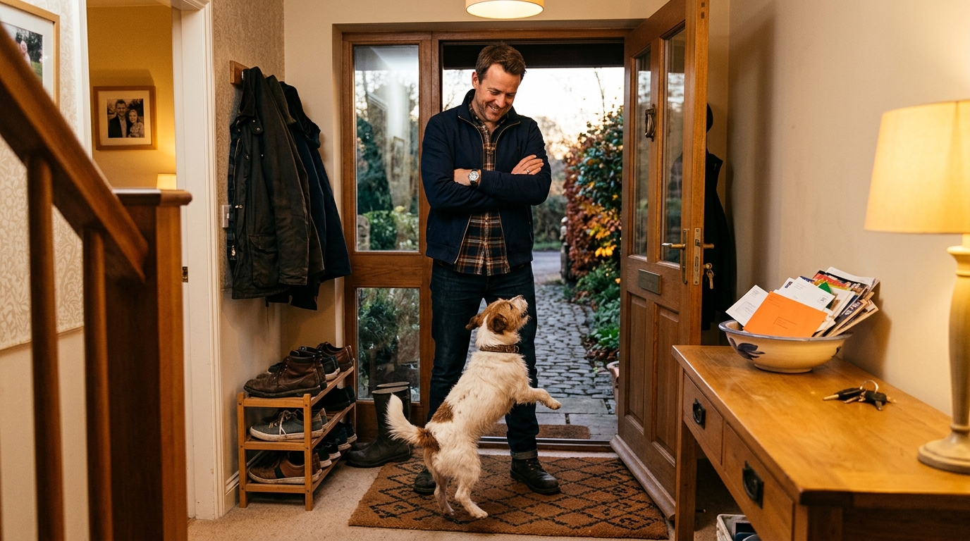Homme reste calme face à son chien excité au retour