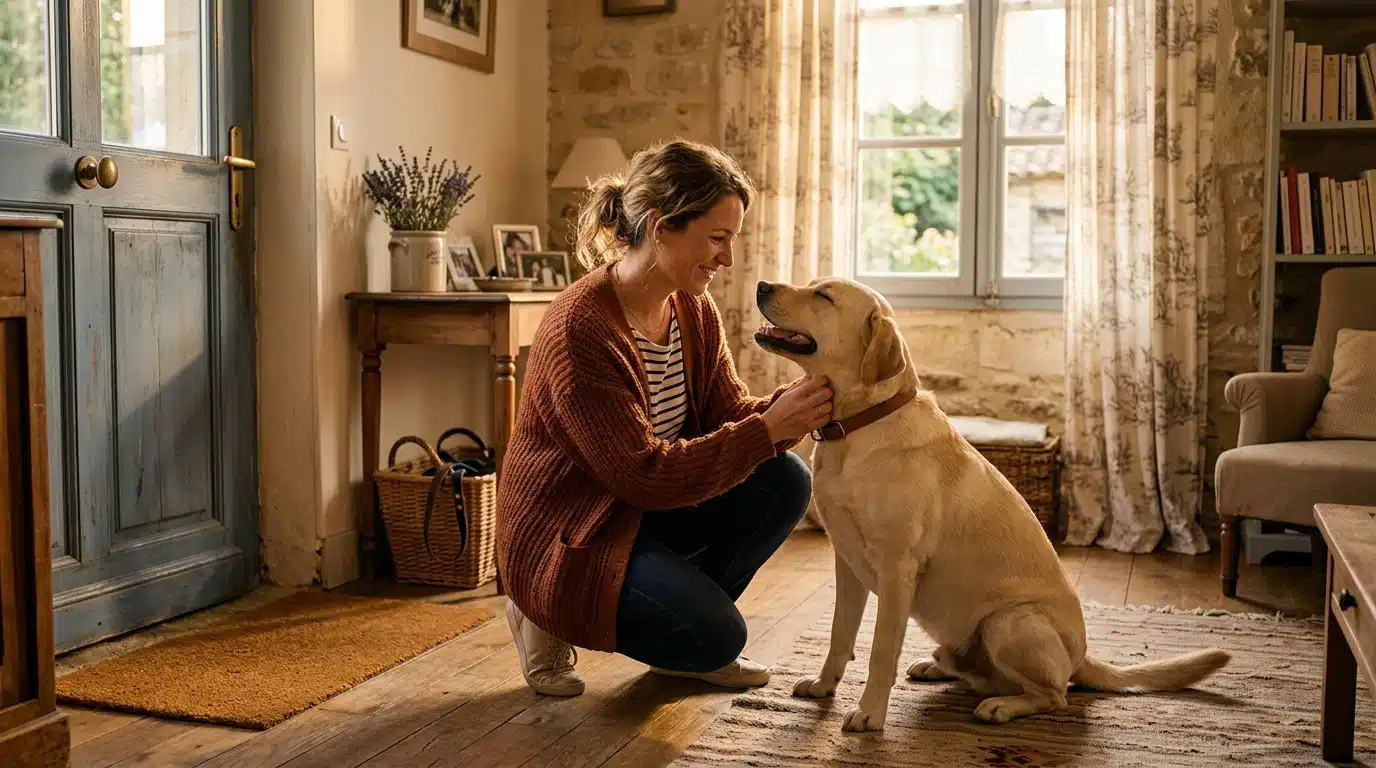 Femme caressant son chien avant de partir travailler