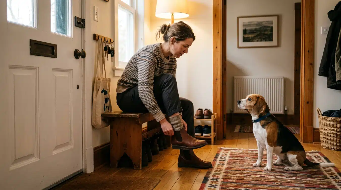 Propriétaire enfilant ses chaussures près de la porte d'entrée