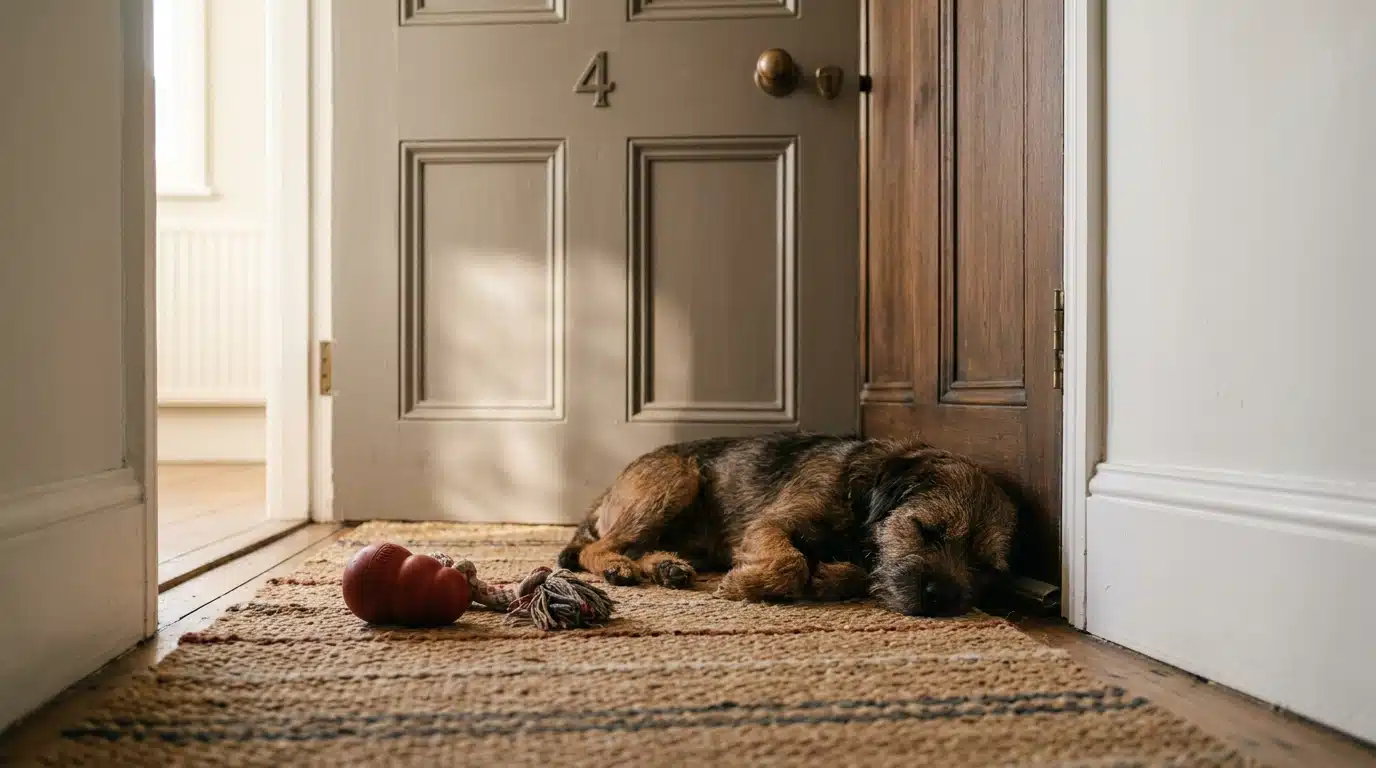 Chien calme allongé près de la porte avec un jouet