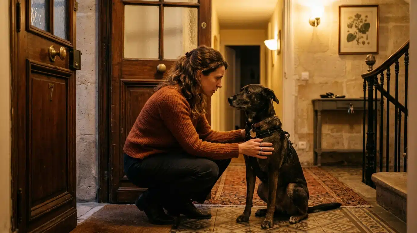Femme inquiète regardant son chien au retour du travail