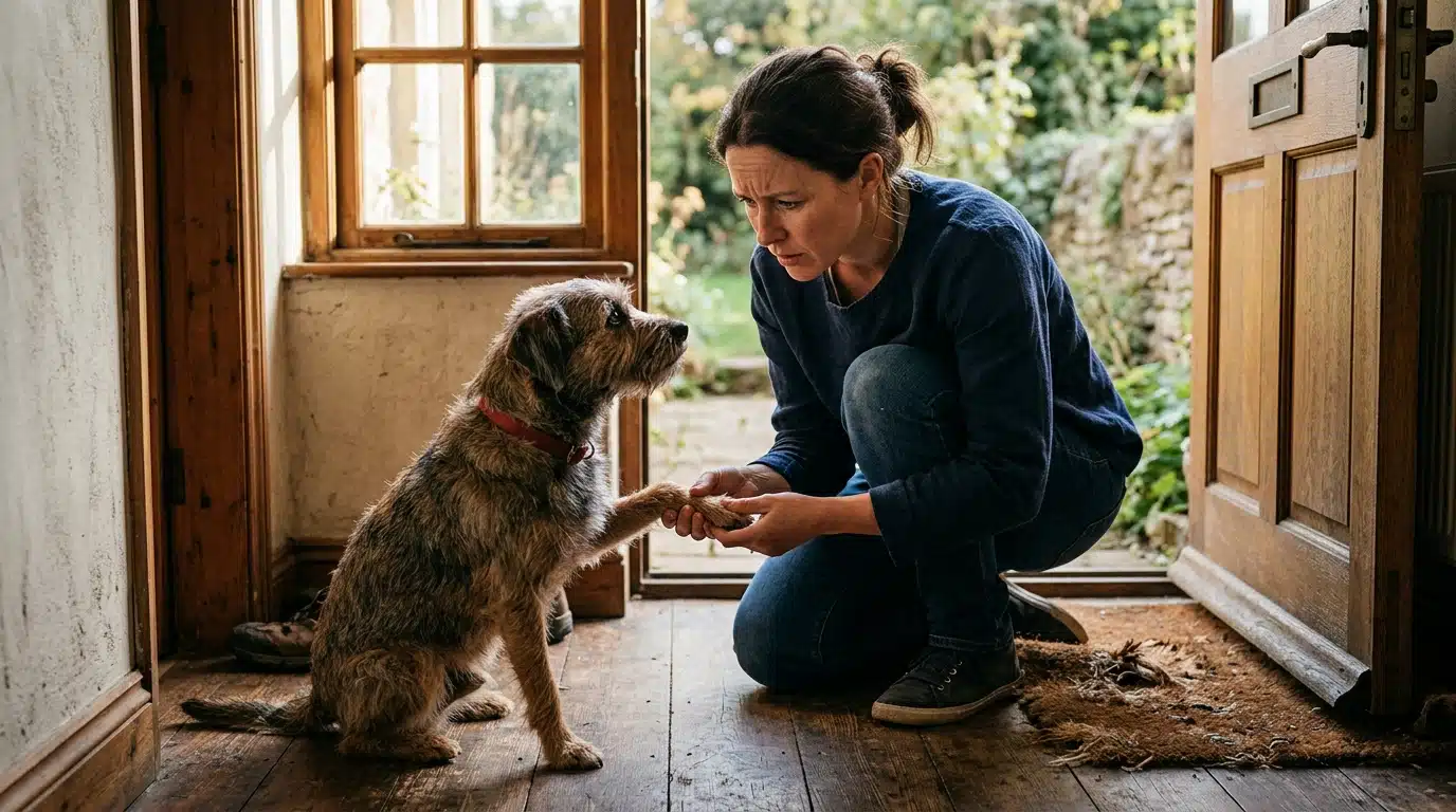 Femme examinant les coussinets de son chien anxieux