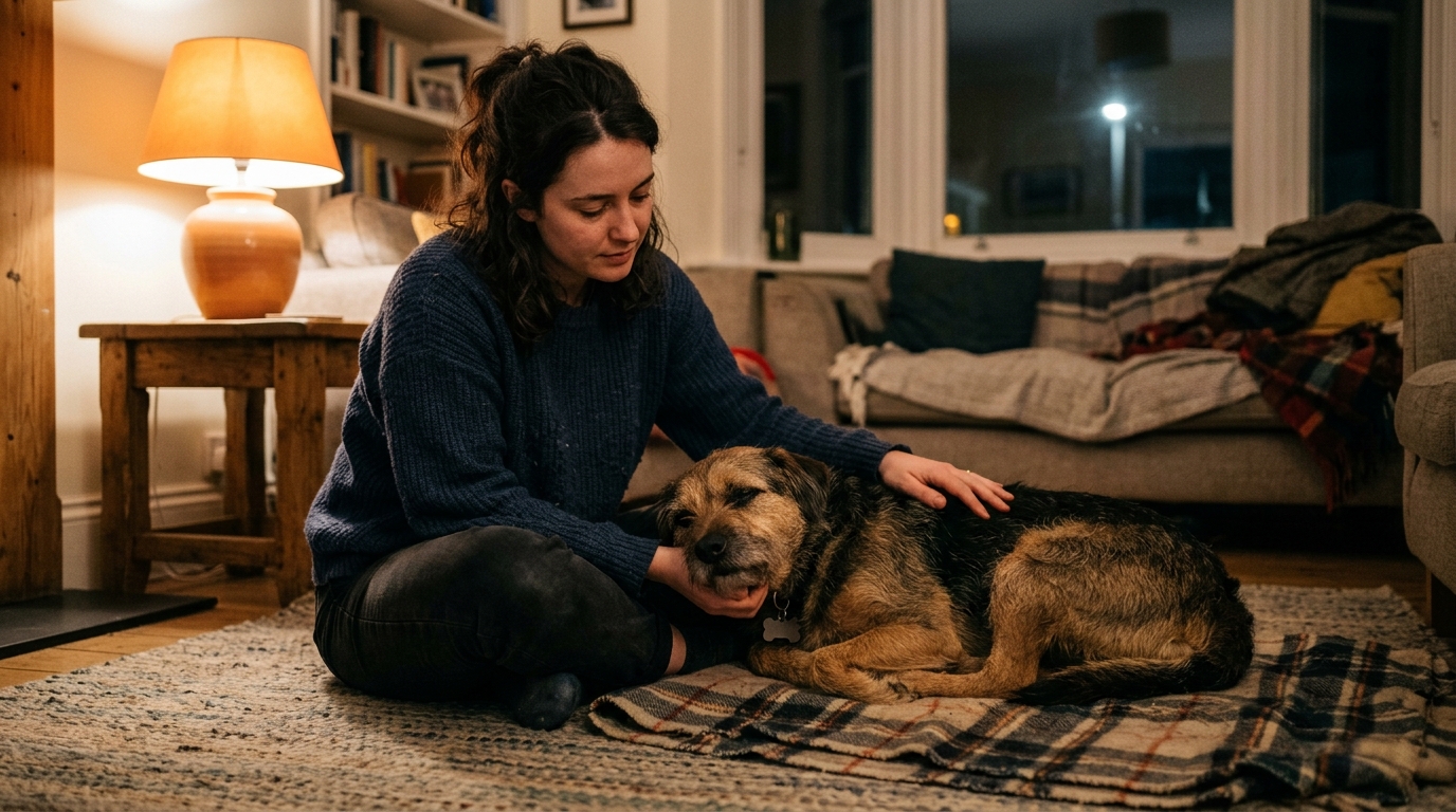 Chien apathique allongé près de sa maîtresse le soir