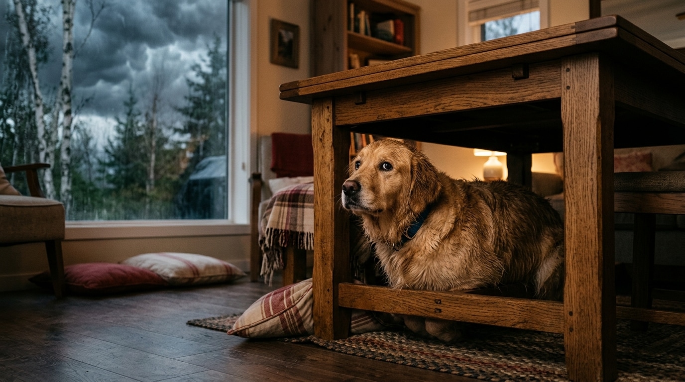 Chien tremblant caché sous une table pendant un orage