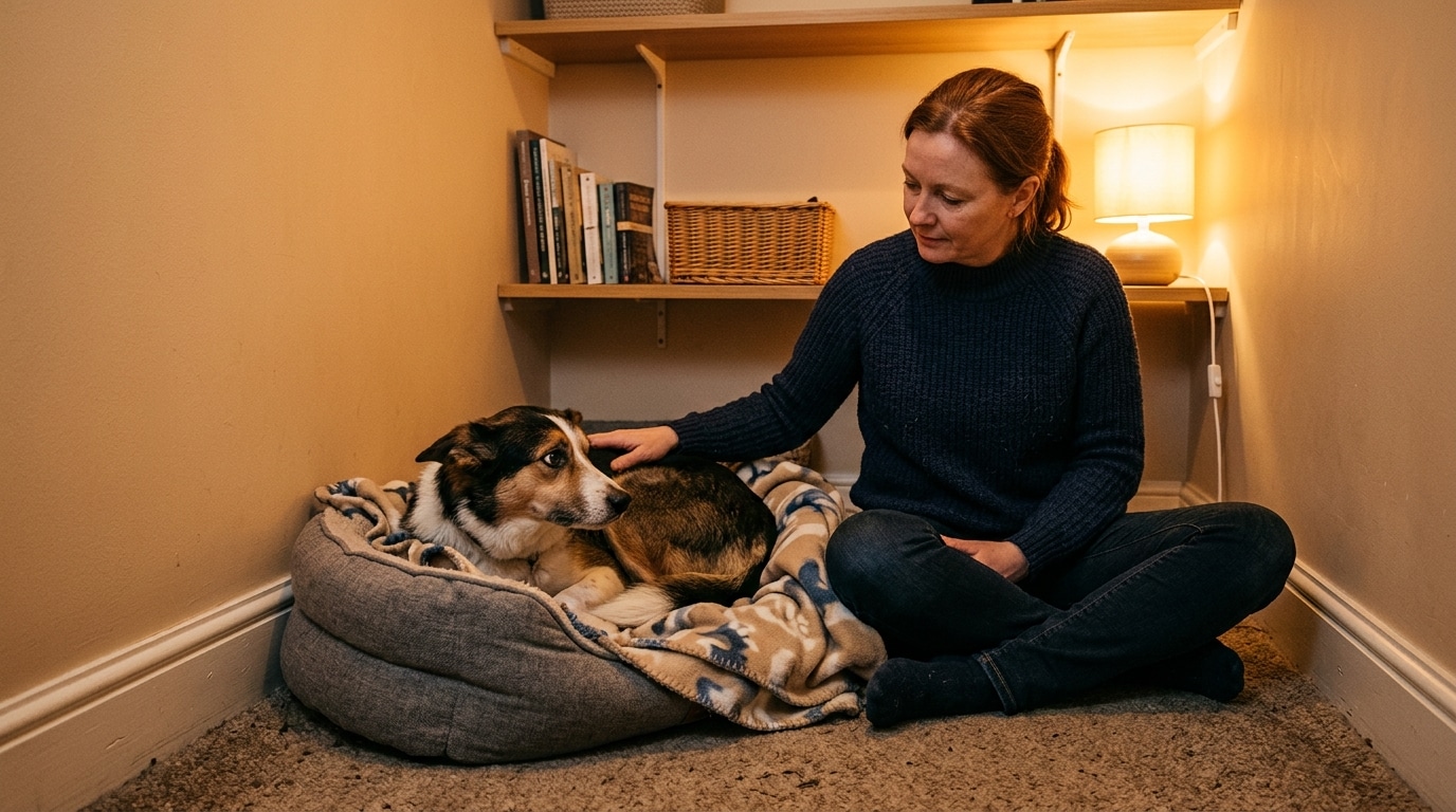 Femme rassurant calmement son chien dans une pièce refuge