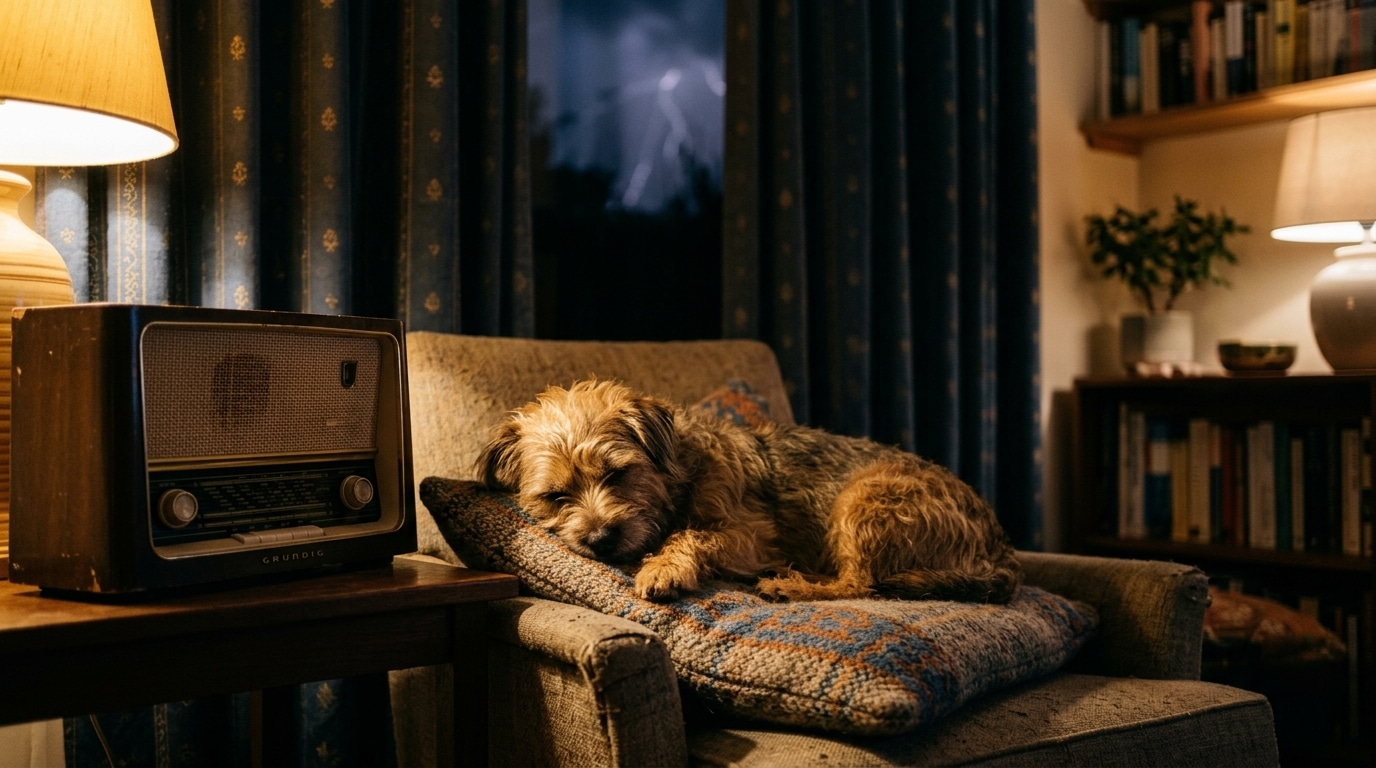 Chien calme près d'une radio diffusant un bruit blanc