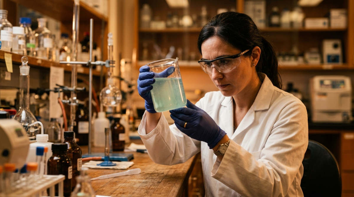 Chimiste analysant un échantillon d'eau de piscine