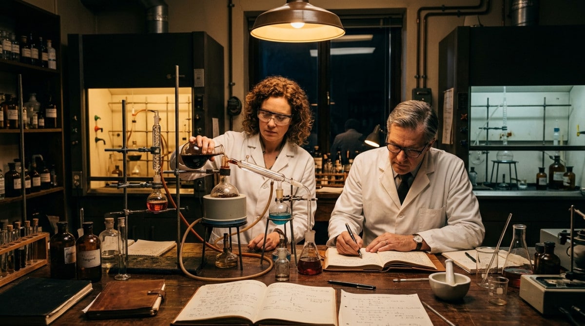 Chimistes en laboratoire testant une formule dans les années 1950