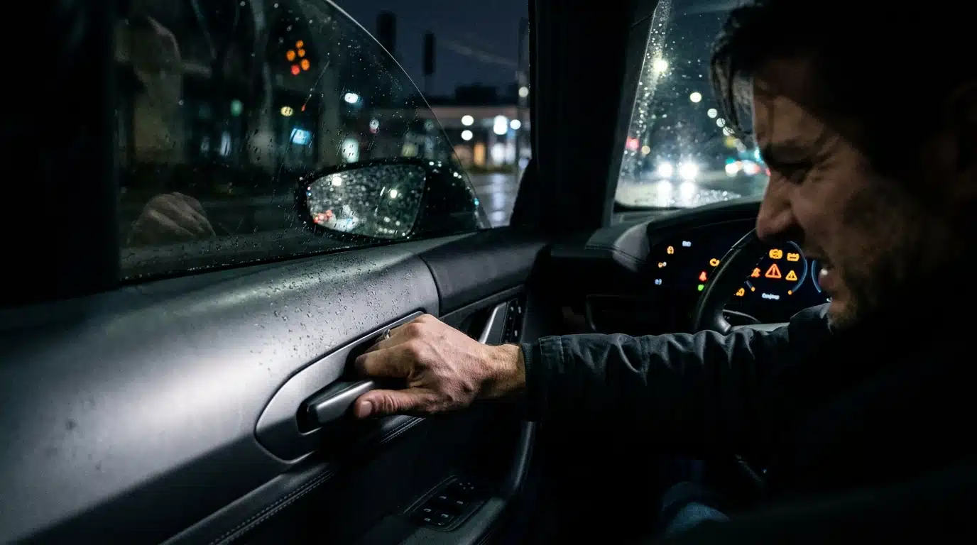 Conducteur bloqué tentant d'ouvrir une poignée de porte rétractable