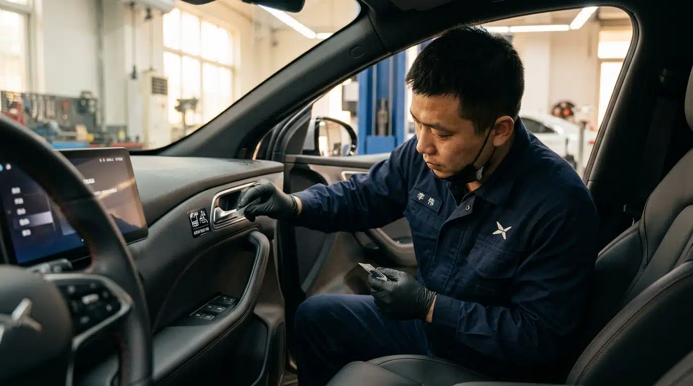 Technicien posant un autocollant près d'une poignée intérieure