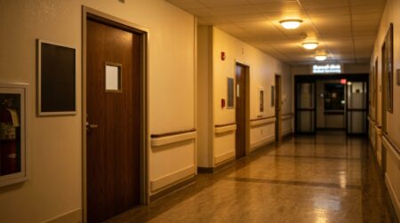 Couloir d'hôpital vide la nuit près d'un cabinet médical