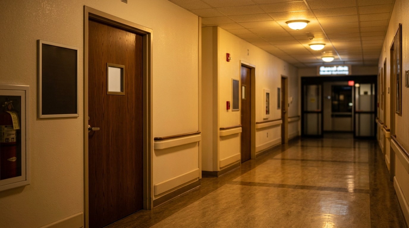 Couloir d'hôpital vide la nuit près d'un cabinet médical