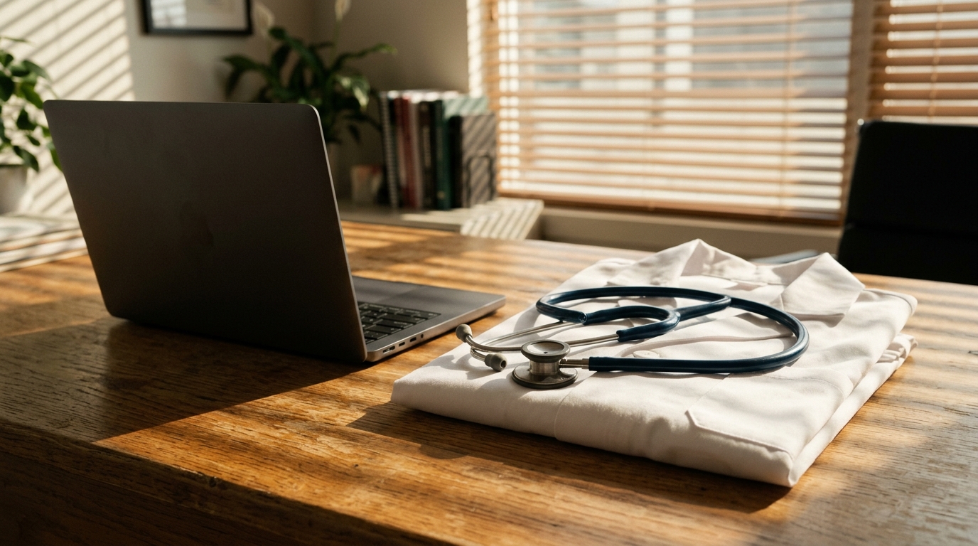 Stéthoscope et blouse posés sur un bureau médical fermé