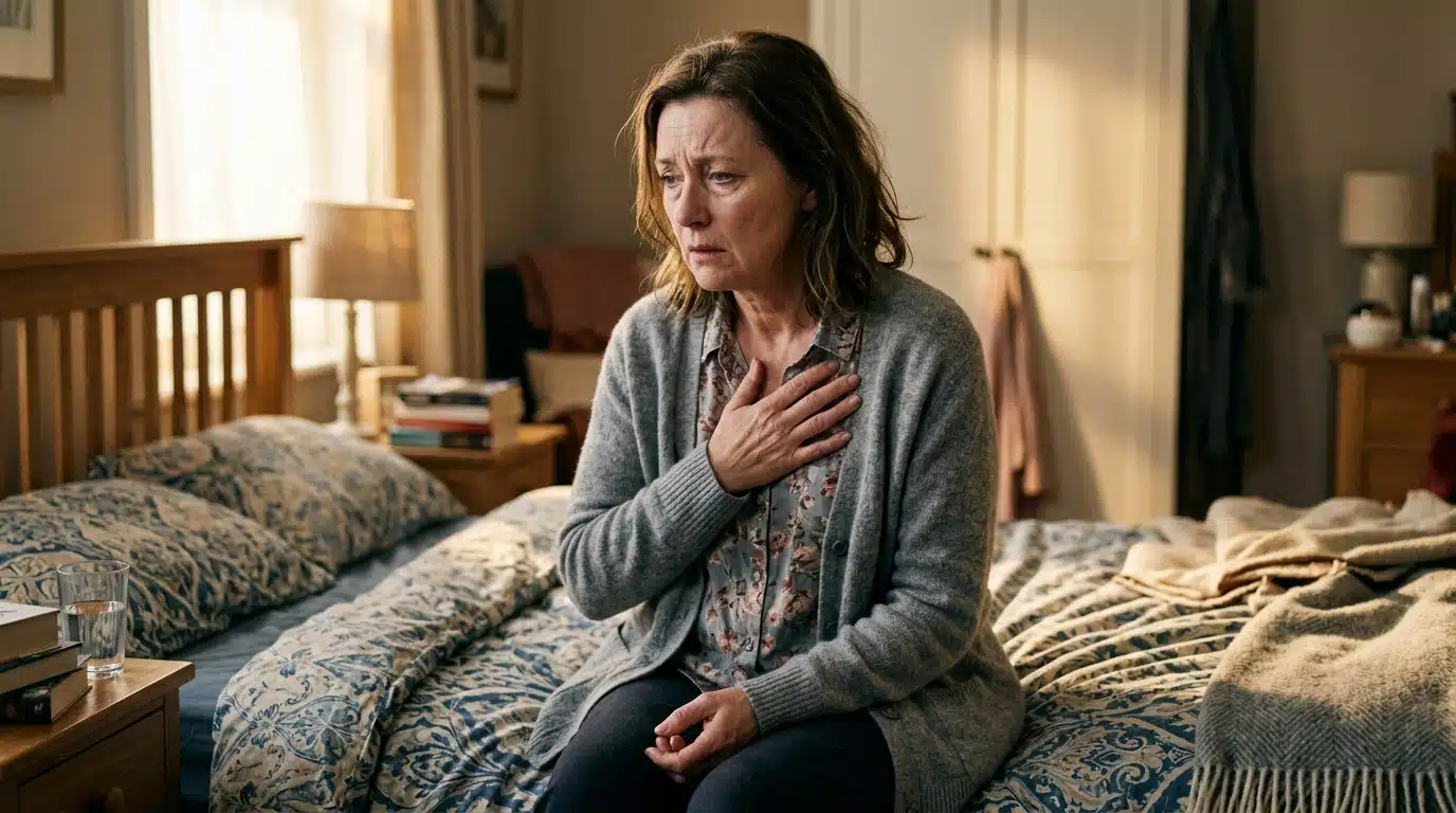 Femme fatiguée assise sur son lit le matin