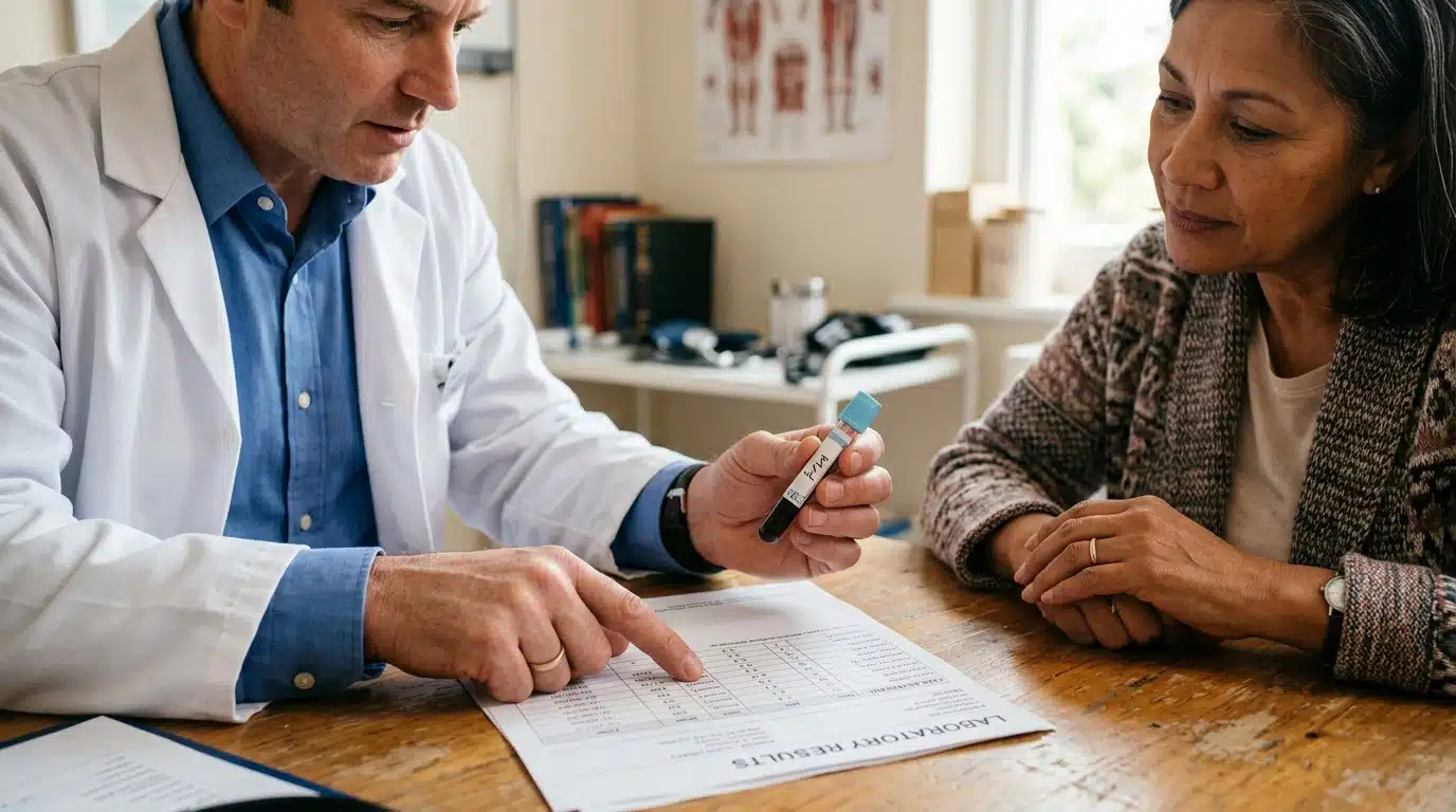 Médecin montrant un résultat d'analyse de cholestérol