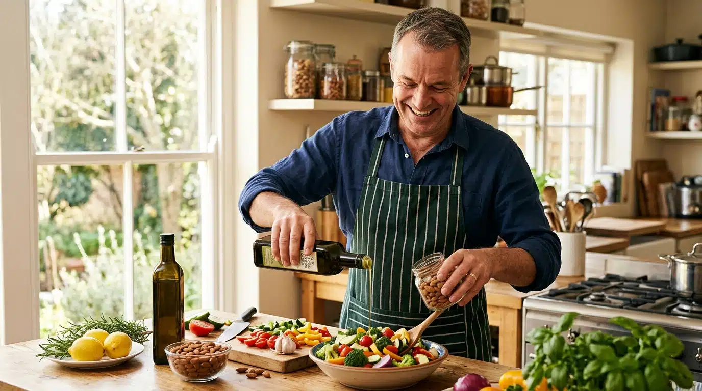 Homme préparant un repas sain riche en amandes et légumes
