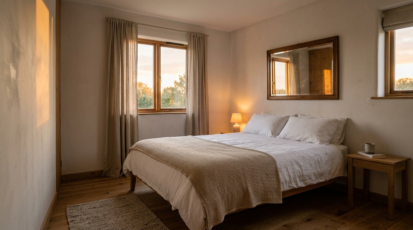 Miroir dans une chambre baigné de lumière dorée
