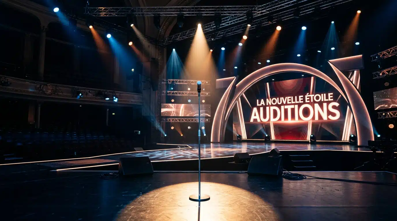Scène de télécrochet vide évoquant les coulisses de la Nouvelle Star