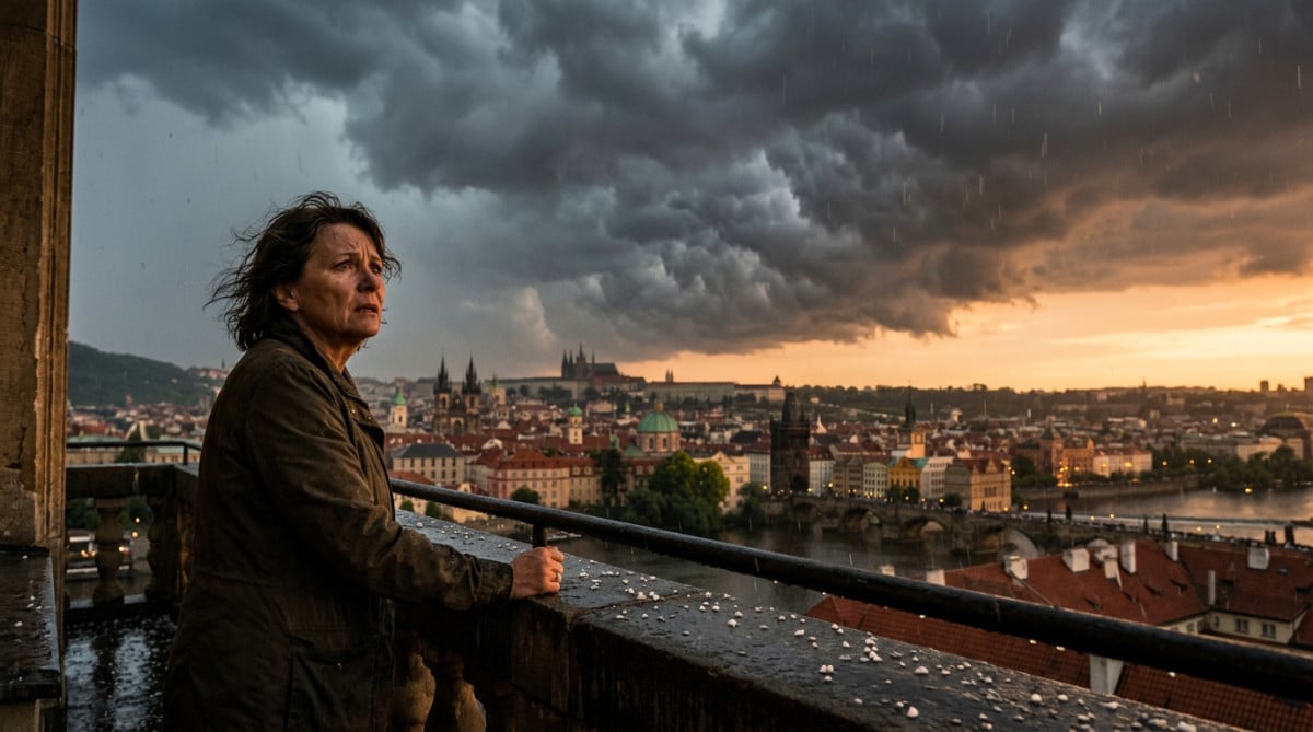 Ciel orageux avec grêle au-dessus d'une ville alsacienne