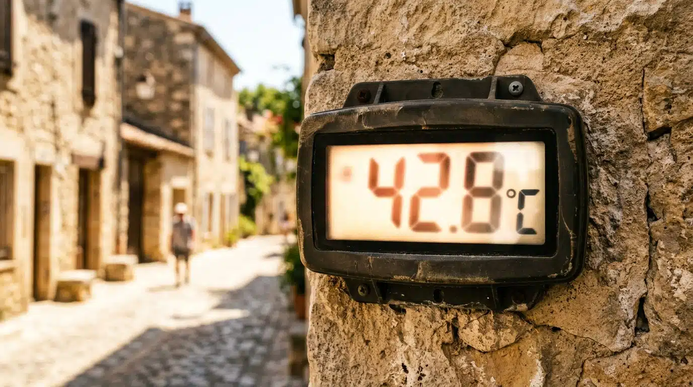 Thermomètre extérieur sur mur de pierre en pleine canicule