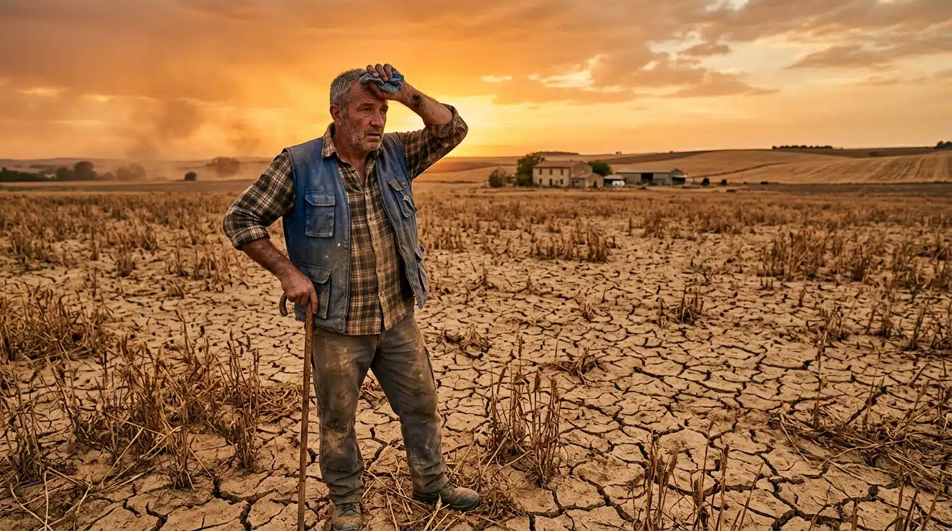 Agriculteur inquiet face à un sol asséché par la sécheresse