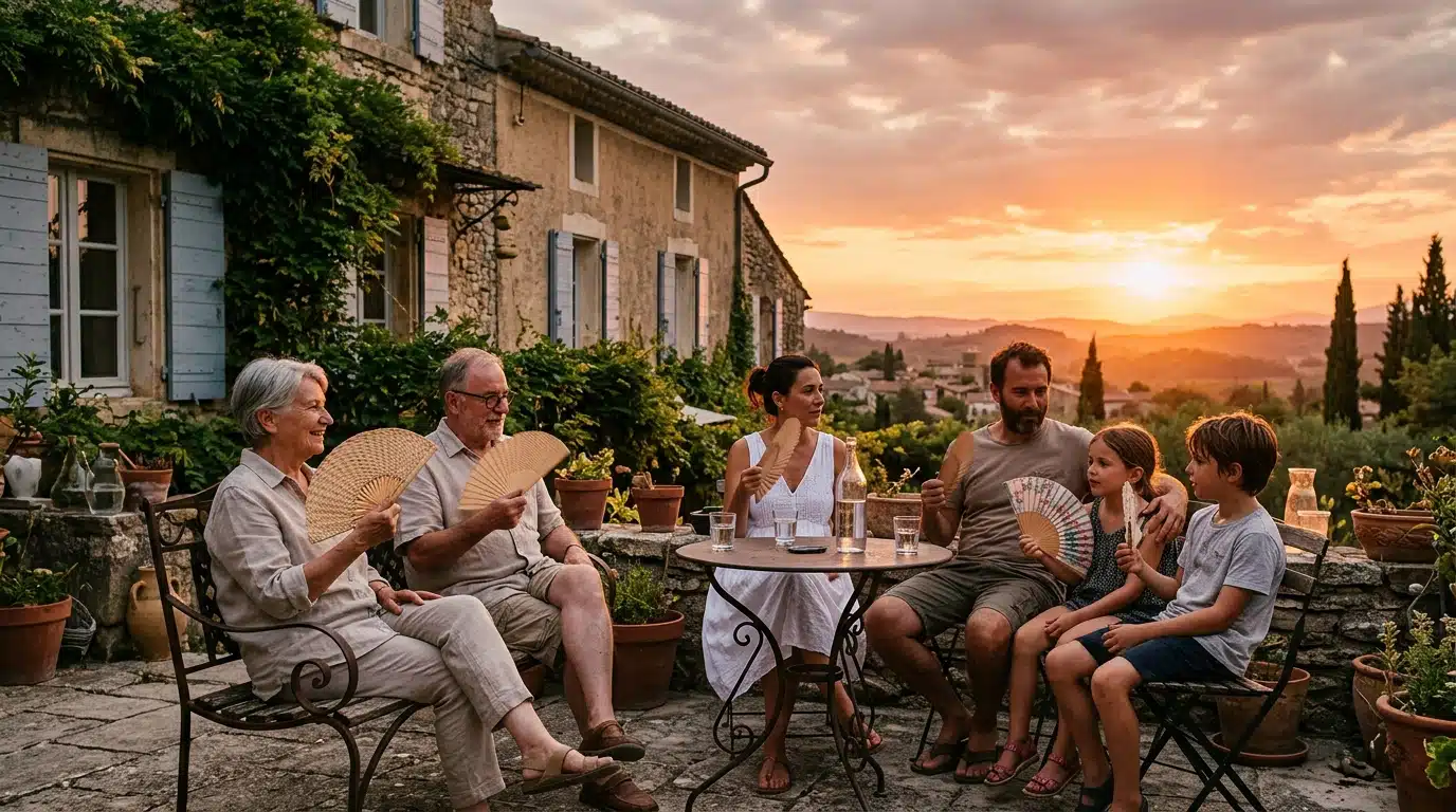 Famille française tentant de se rafraîchir un soir de canicule