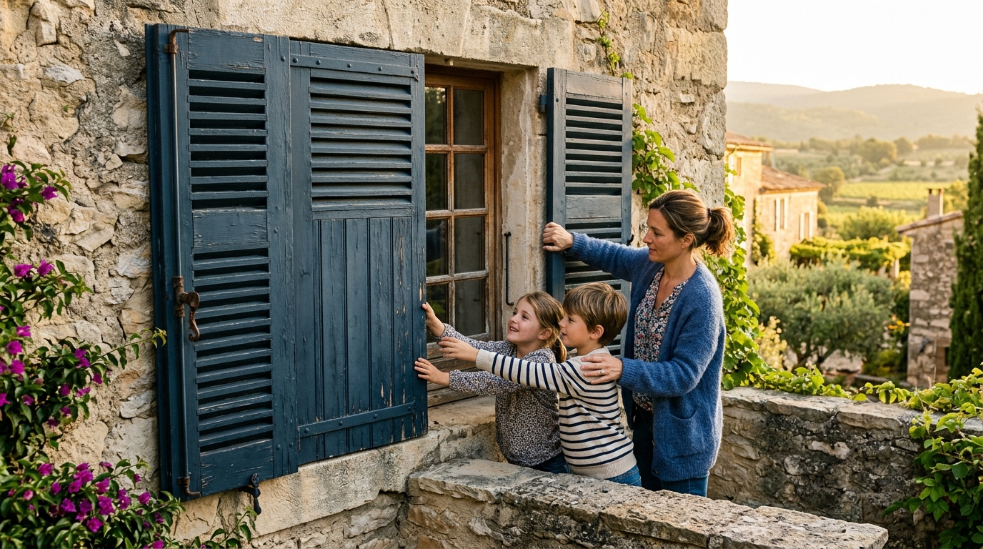 Famille fermant les volets tôt le matin en été